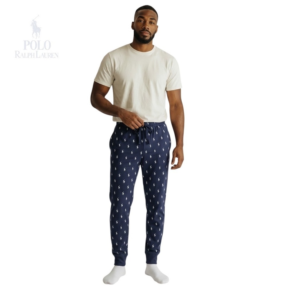 NWT Polo Ralph Lauren Jogger Pants Mens Size Large L Navy Blue Allover Pony